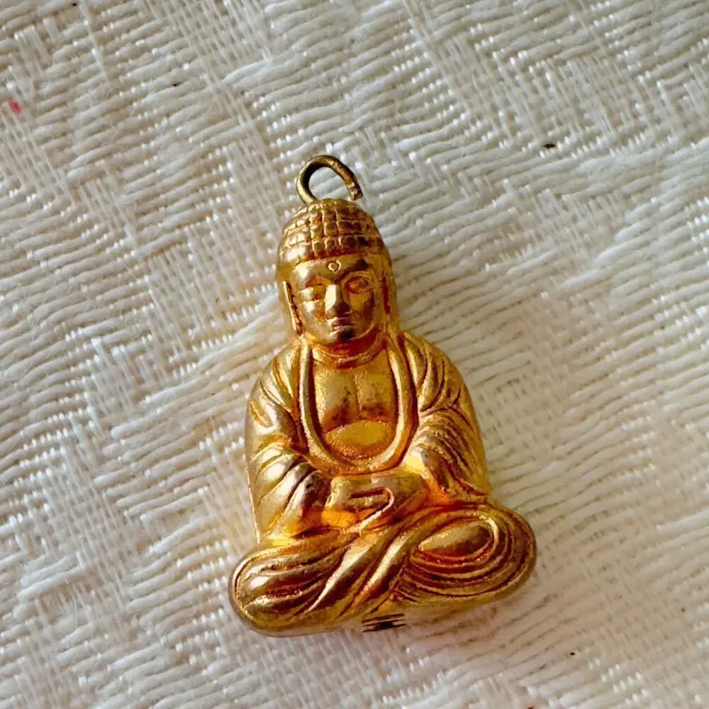 Vintage 1” Double Sided Seated Articulated Buddha Bead Pendant Gold Tone Set 2